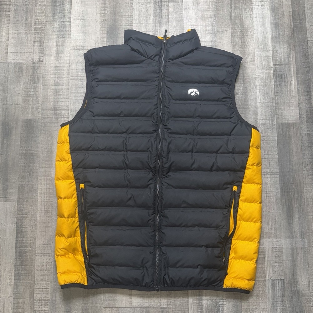 Columbia Puffer Vest Mens L Black Yellow Iowa Hawkeyes Full Zip NCAA Reversible